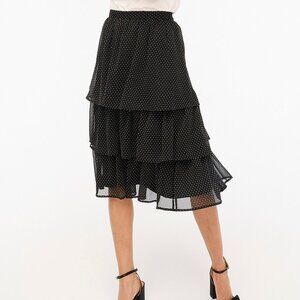 J Crew Factory NWT Ruffle Tiered Midi Skirt in Flocked Dot Black Ivory size PL